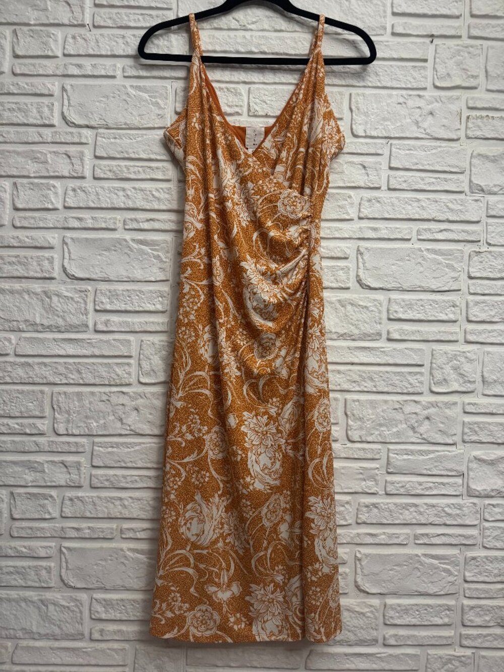 Joie Floral Ruched Slip Midi Dress Orange Cream Tank Cowl Neck Thick Lined M